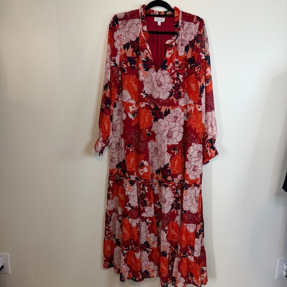 Mud Pie Simone Maxi Dress Size Large Chiffon Tiered Floral Lined Long Sleeves